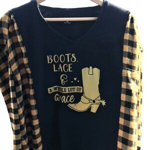 Upcycled Tee, Flannel Sleeves, Size M-L: Oversized Cowgirl Boot Graphic Shirt